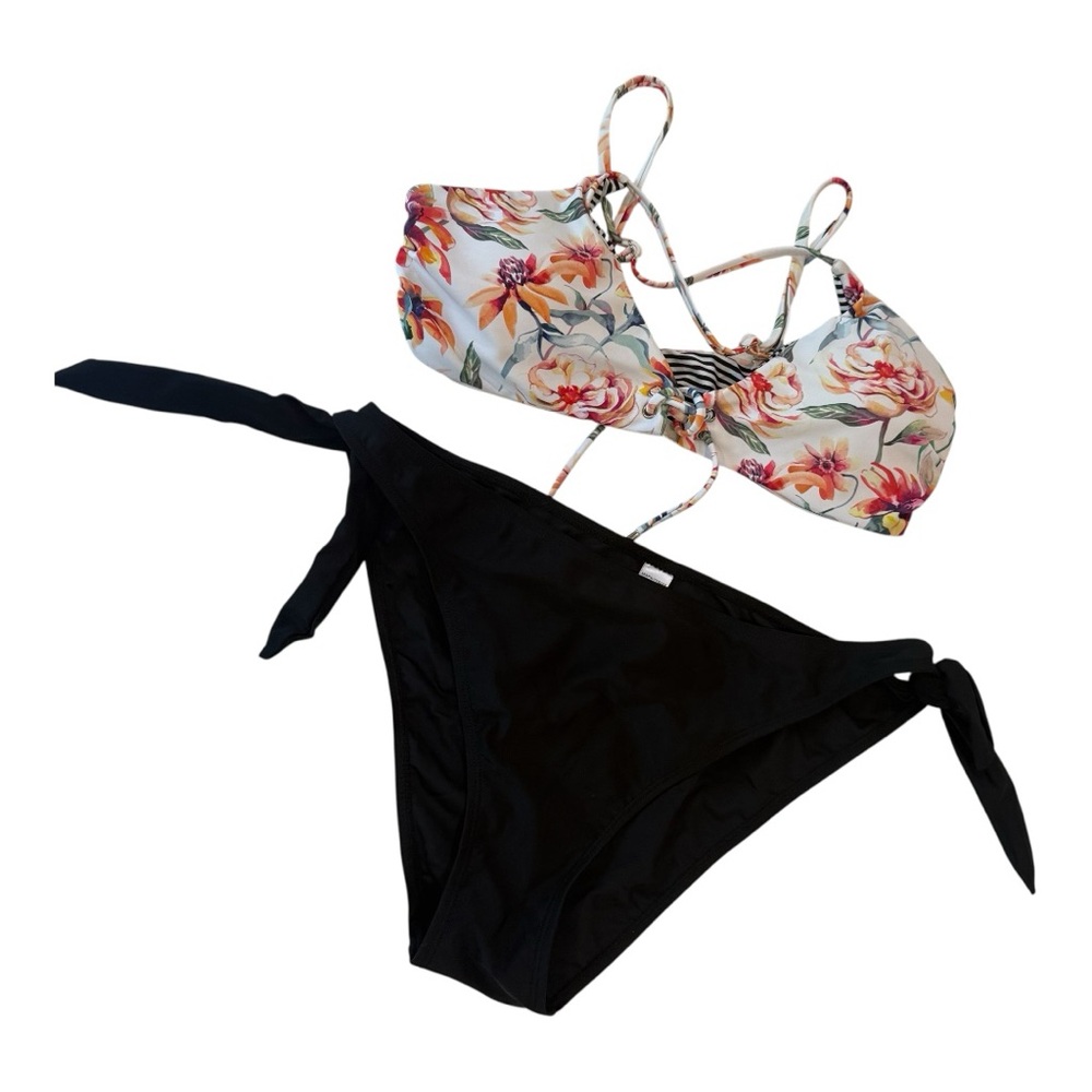 Tropical Floral Bikini Set with Black Tie-Side Bottoms